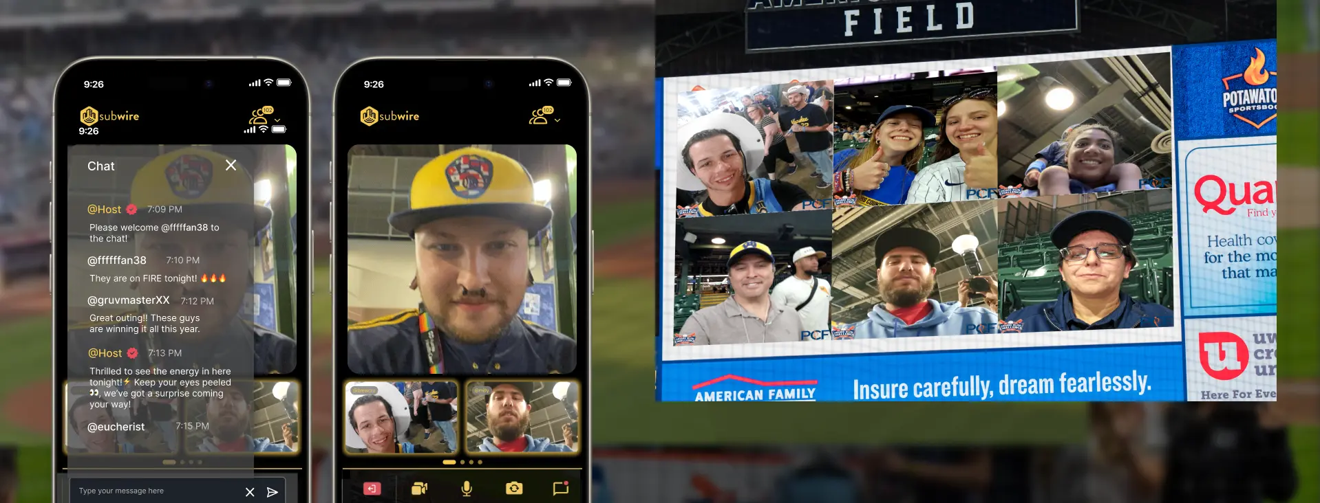 SubWire app showing multiple fans connecting at a baseball stadium